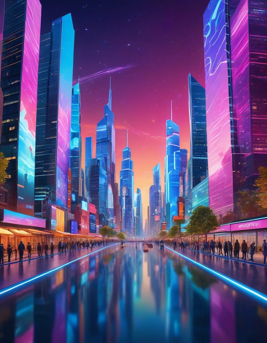 A futuristic city skyline blending digital elements with organic shapes, symbolizing the integration of technology and creativity. In the foreground, a diverse group of content creators interacts with holographic screens displaying trending topics, illustrations of engagement, and social media icons. Use vibrant colors and dynamic lighting to convey energy and innovation. super-realistic. vibrant colors. 3D.
