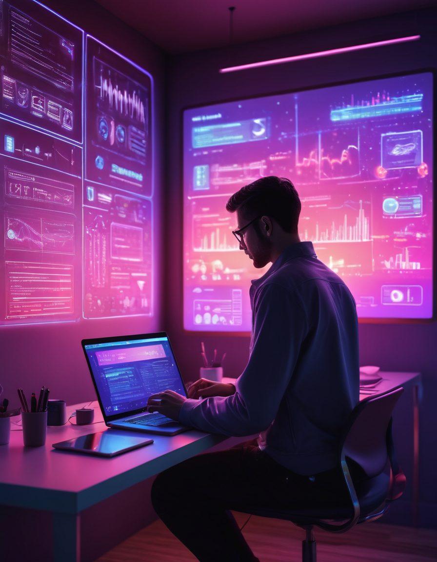A futuristic workspace with a glowing laptop displaying a vibrant webpage filled with blogging tools, surrounded by digital gadgets like smartphones and tablets. Above, dynamic charts and icons representing various technology trends float in the air, while a silhouette of a person is writing on a digital notepad, conveying the essence of mastering digital communication. The scene is illuminated with soft neon lights, giving it a tech-savvy atmosphere. super-realistic. vibrant colors. 3D.